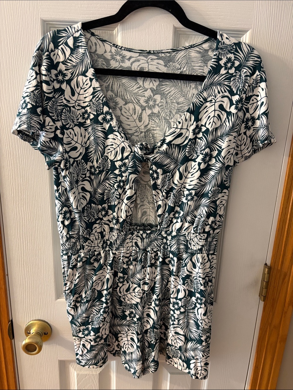 LOFT Green and White Tropical Tie-Front Romper